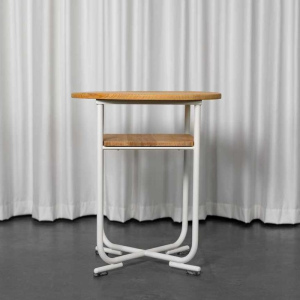 Bauhaus style side table, white lacquered steel structure, beech tops, ca 1940