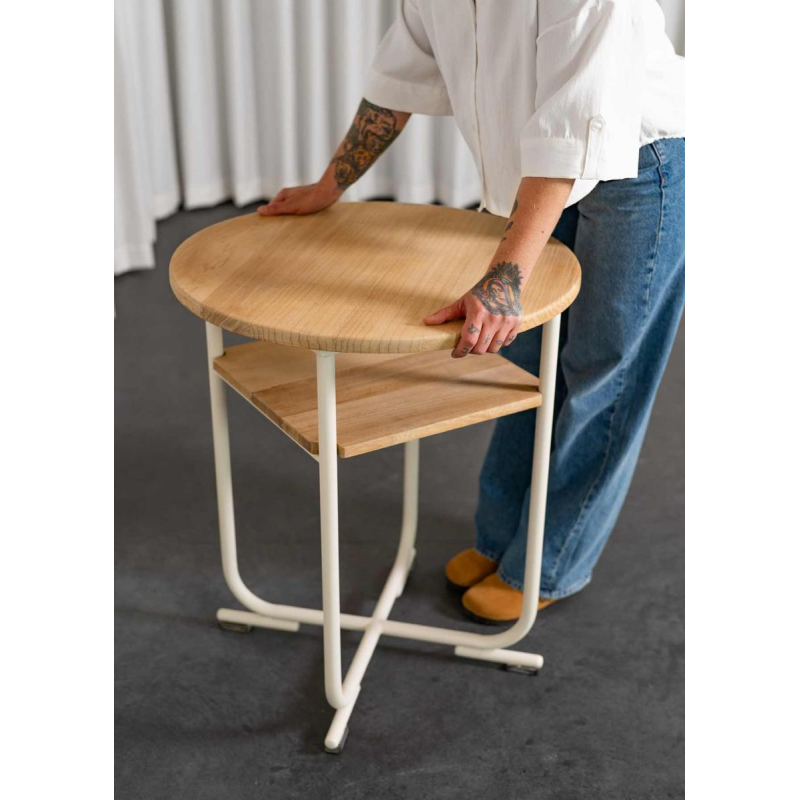 Bauhaus style side table, white lacquered steel structure, beech tops, ca 1940