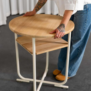 Bauhaus style side table, white lacquered steel structure, beech tops, ca 1940
