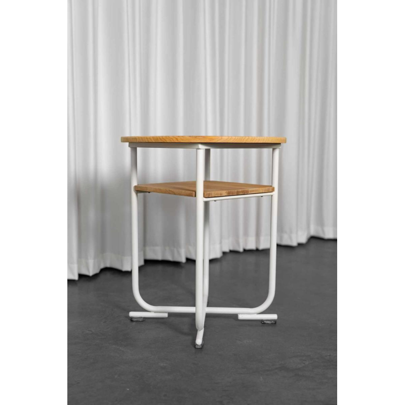 Bauhaus stijl bijzettafel, wit gelakt stalen structuur, beuken bladen, ca 1940