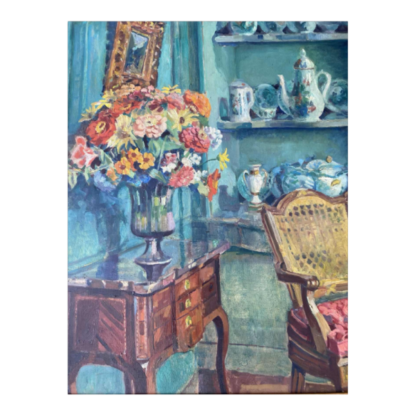 Impressionistische interieurscène, olieverf op doek, ongeïdentificeerd gesigneerd schilderij, 20ste eeuw