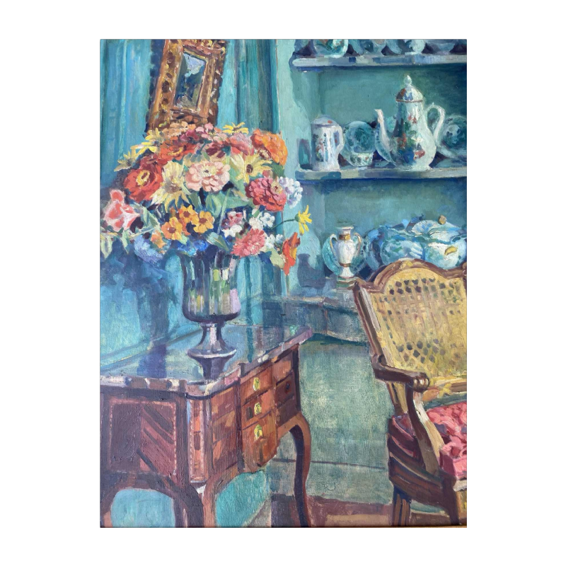 Impressionistische interieurscène, olieverf op doek, ongeïdentificeerd gesigneerd schilderij, 20ste eeuw