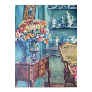 Impressionist interior scene, oil on canvas, unidentified signed painting, 20th c