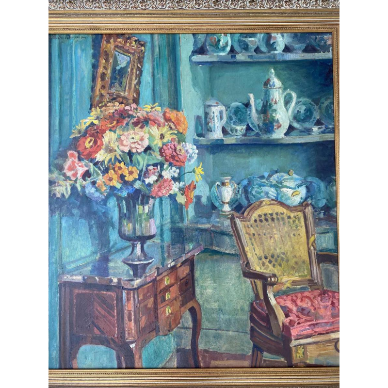 Scène d'intérieur de genre impressionniste, huile sur toile, tableau signé non identifié, XXè s