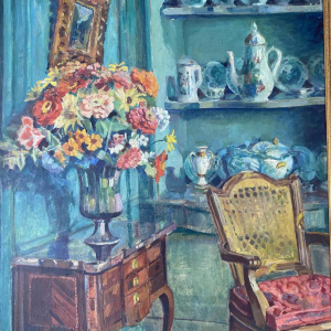 Impressionist interior scene, oil on canvas, unidentified signed painting, 20th c
