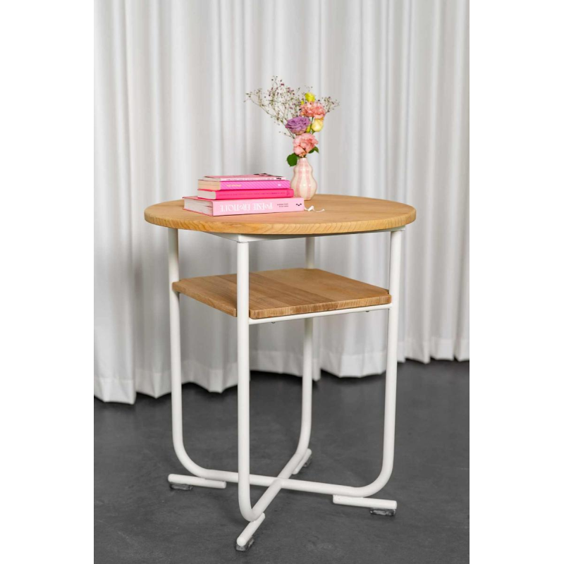 Bauhaus style side table, white lacquered steel structure, beech tops, ca 1940