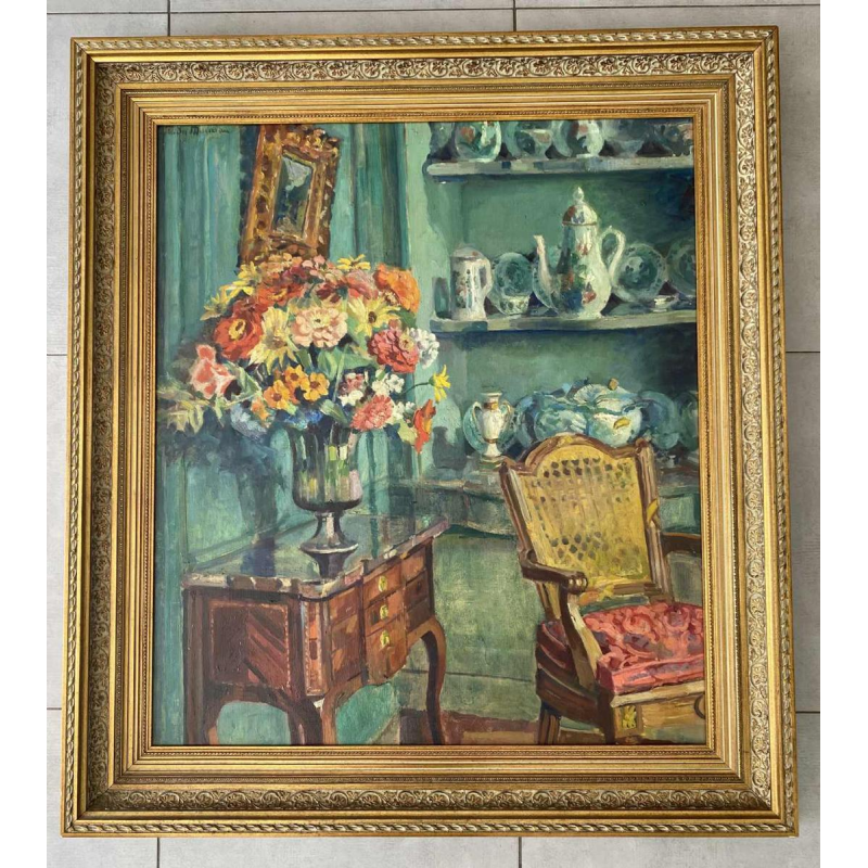 Scène d'intérieur de genre impressionniste, huile sur toile, tableau signé non identifié, XXè s