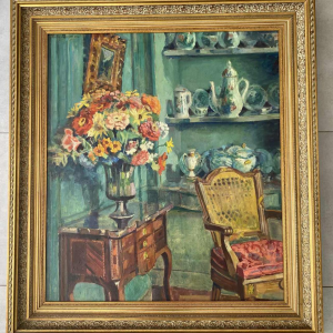 Impressionist interior scene, oil on canvas, unidentified signed painting, 20th c