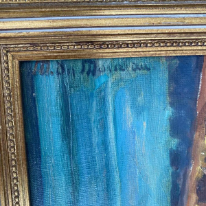 Impressionist interior scene, oil on canvas, unidentified signed painting, 20th c