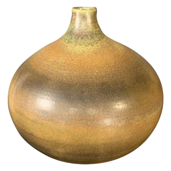 ANTONIO LAMPECCO, ronde vaas 21cm, keramiek bruine groene soliflore, 1970s