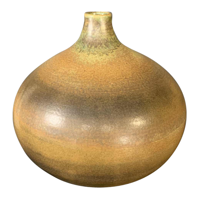 ANTONIO LAMPECCO, vase boule 21cm, céramique soliflore brun vert, 1970s