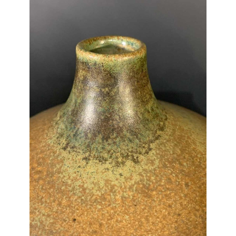 ANTONIO LAMPECCO, vase boule 21cm, céramique soliflore brun vert, 1970s