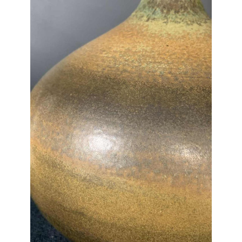 ANTONIO LAMPECCO, vase boule 21cm, céramique soliflore brun vert, 1970s