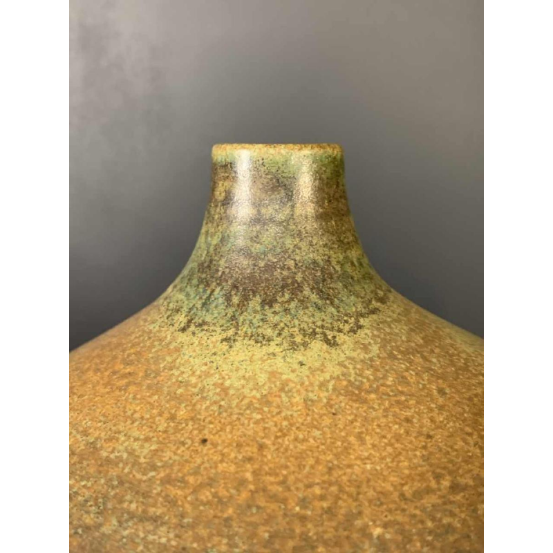 ANTONIO LAMPECCO, ronde vaas 21cm, keramiek bruine groene soliflore, 1970s