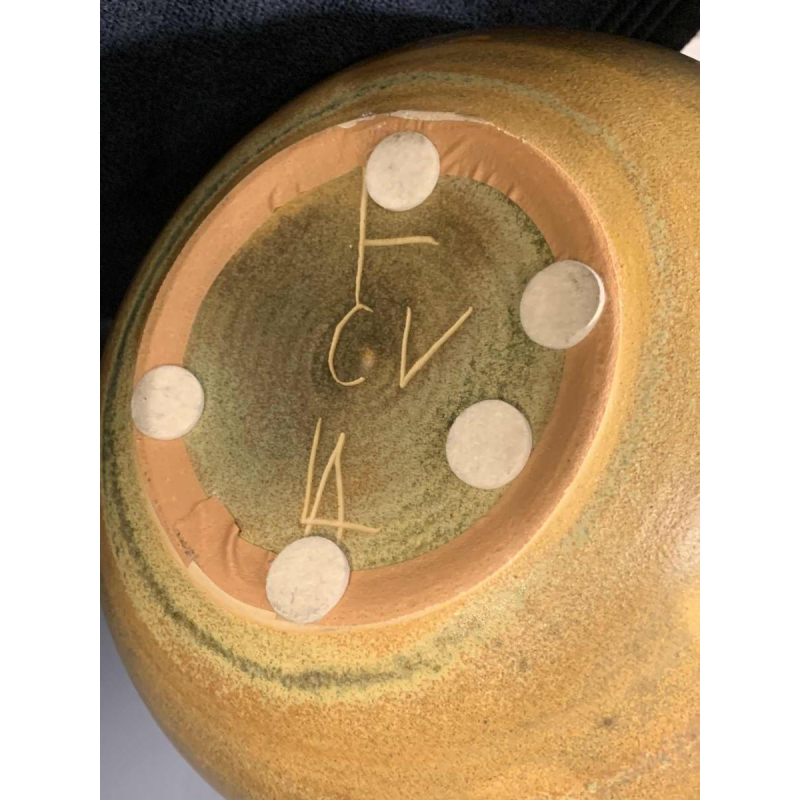 ANTONIO LAMPECCO, vase boule 21cm, céramique soliflore brun vert, 1970s