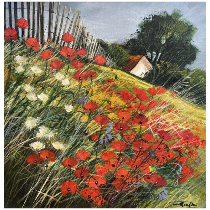 Jacques GOUPIL (1934-2020): « Maison et coquelicots » huile sur toile 60x60 cm