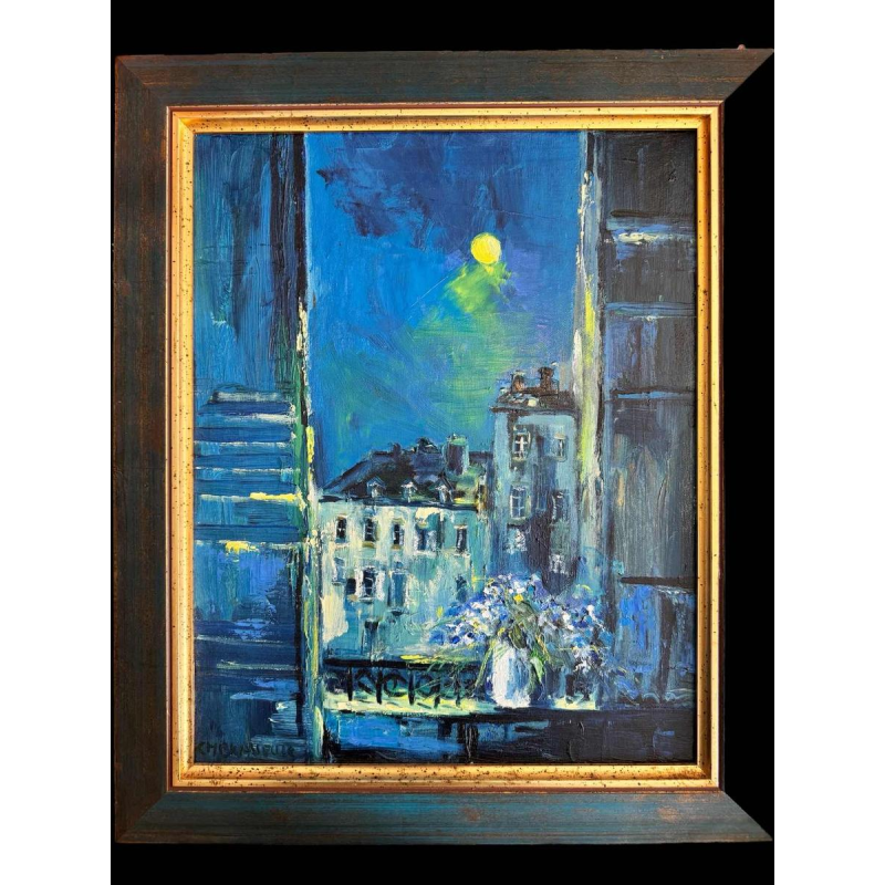 Christian BRASSEUR (1940- ): 'Le bouquet de fleurs au clair de Lune' peinture