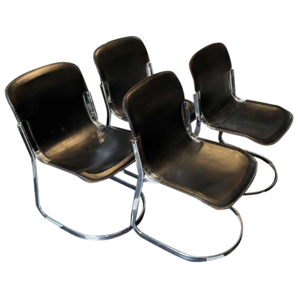 WILLY RIZZO voor CIDUE, set van 4 C2 stoelen verchroomd stalen structuur en leer