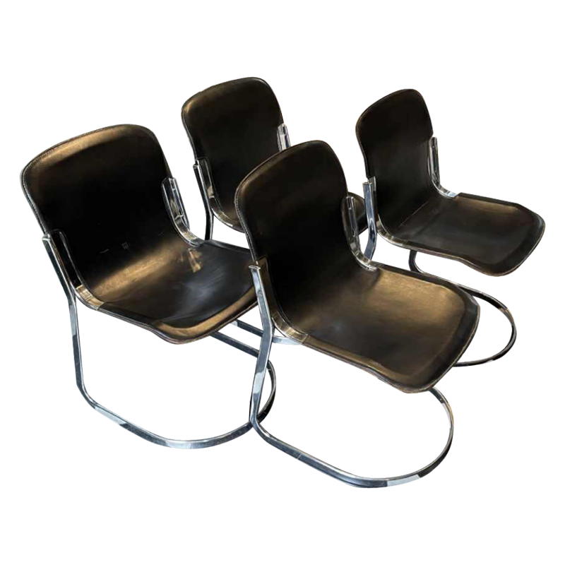 WILLY RIZZO pour CIDUE, SeÂ´rie de 4 Chaises C2 Structure Acier ChromeÂ´ Cuir Noir
