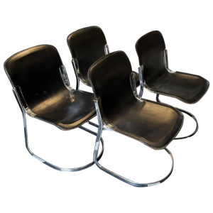 WILLY RIZZO for CIDUE, Set of 4 C2 Chairs Chromed Steel Structure Black Leather