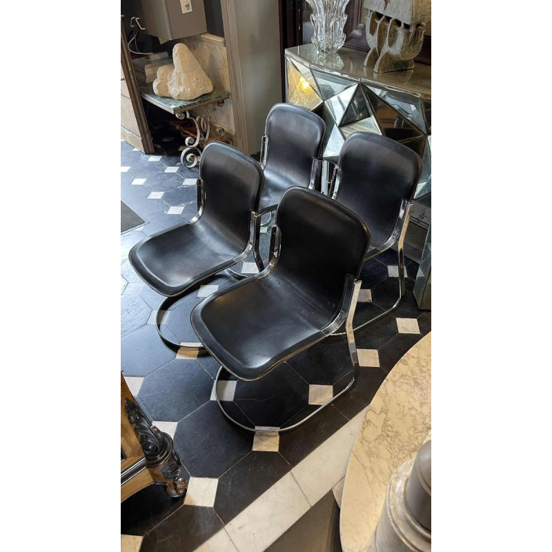 WILLY RIZZO voor CIDUE, set van 4 C2 stoelen verchroomd stalen structuur en leer