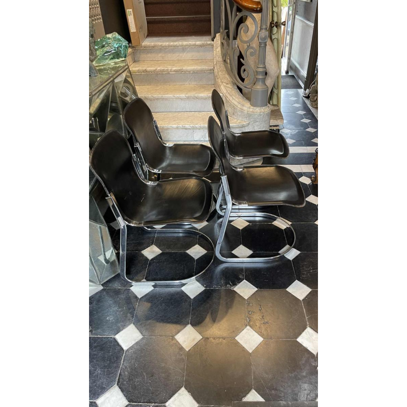 WILLY RIZZO pour CIDUE, SeÂ´rie de 4 Chaises C2 Structure Acier ChromeÂ´ Cuir Noir