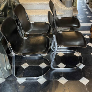 WILLY RIZZO for CIDUE, Set of 4 C2 Chairs Chromed Steel Structure Black Leather