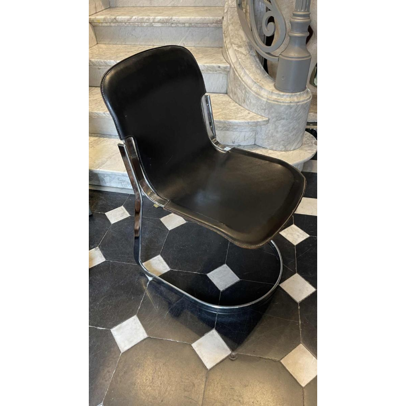 WILLY RIZZO for CIDUE, Set of 4 C2 Chairs Chromed Steel Structure Black Leather