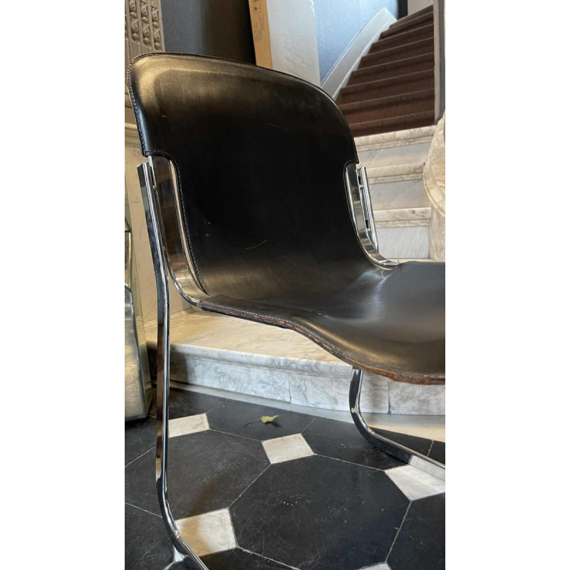 WILLY RIZZO for CIDUE, Set of 4 C2 Chairs Chromed Steel Structure Black Leather