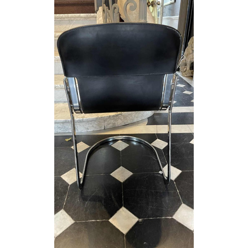 WILLY RIZZO for CIDUE, Set of 4 C2 Chairs Chromed Steel Structure Black Leather