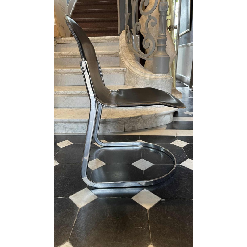 WILLY RIZZO for CIDUE, Set of 4 C2 Chairs Chromed Steel Structure Black Leather