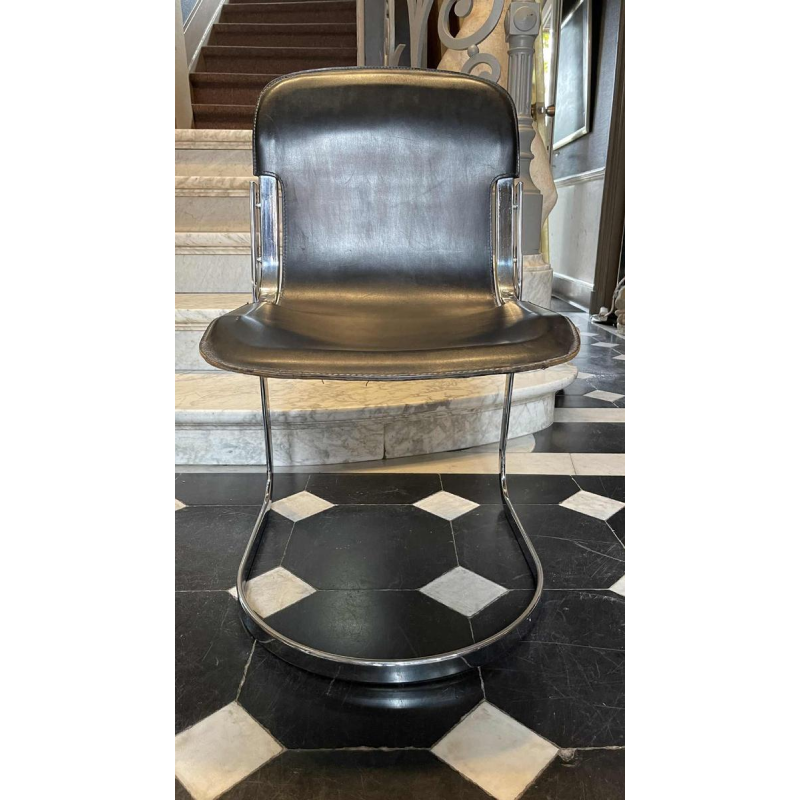 WILLY RIZZO voor CIDUE, set van 4 C2 stoelen verchroomd stalen structuur en leer