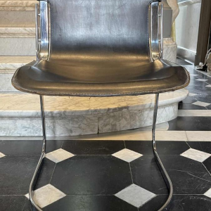 WILLY RIZZO for CIDUE, Set of 4 C2 Chairs Chromed Steel Structure Black Leather