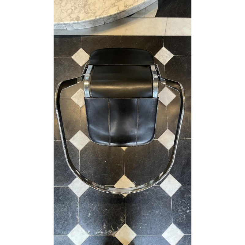 WILLY RIZZO for CIDUE, Set of 4 C2 Chairs Chromed Steel Structure Black Leather