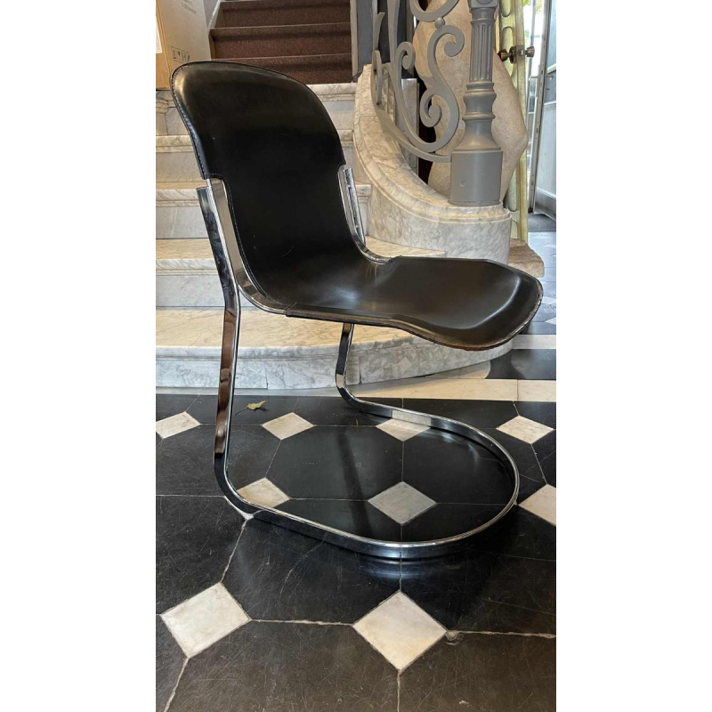 WILLY RIZZO pour CIDUE, SeÂ´rie de 4 Chaises C2 Structure Acier ChromeÂ´ Cuir Noir
