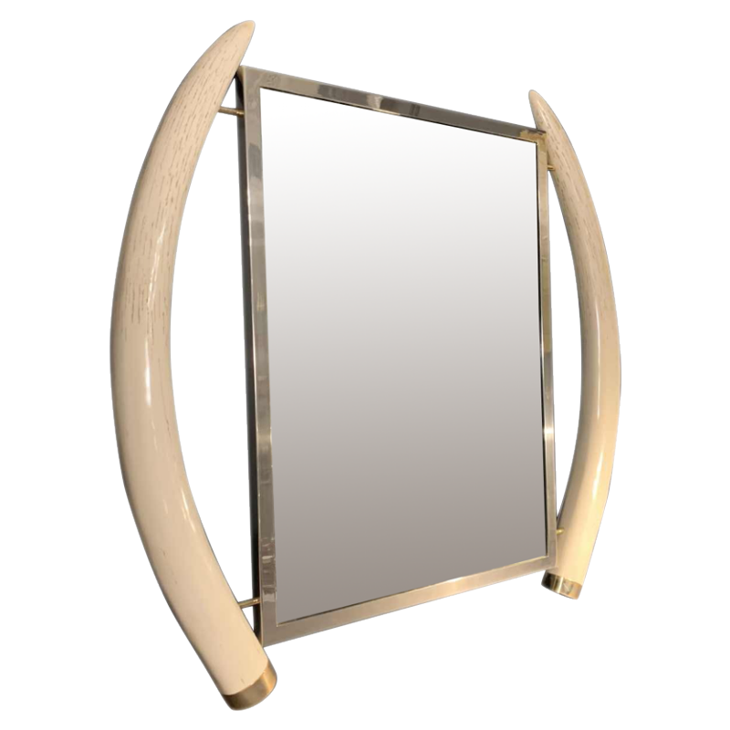 VALENTI & Co, Faux Ivory Elephant Tusk Mirror, Brass, Hollywood Regency, 1970s