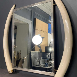 VALENTI & Co, Miroir " fausses défenses éléphant " laiton, Hollywood Regency 70s