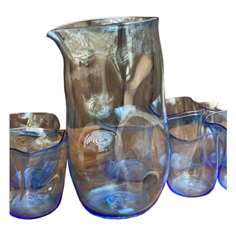 Ebba von Wachtenfelft, 7 verres et carafe en verre soufflé, Suède ca 1960