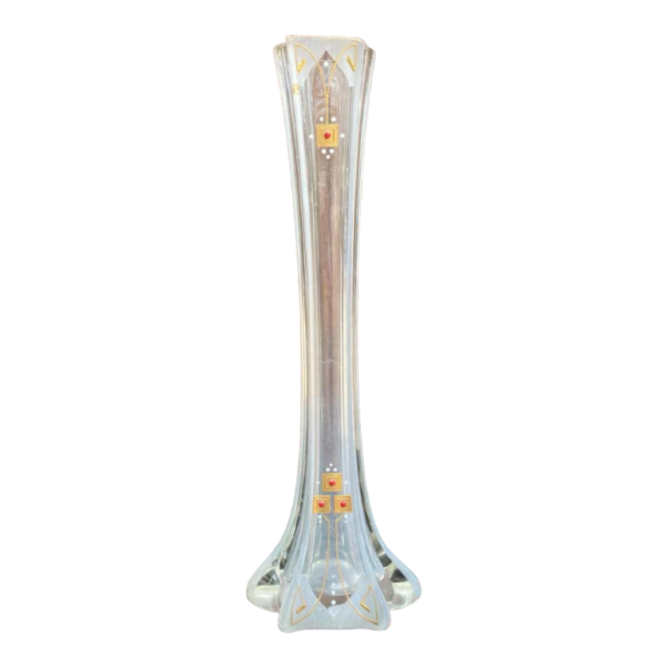 Vase soliflore Art Déco en verre émaillé or et corail, ca 1930