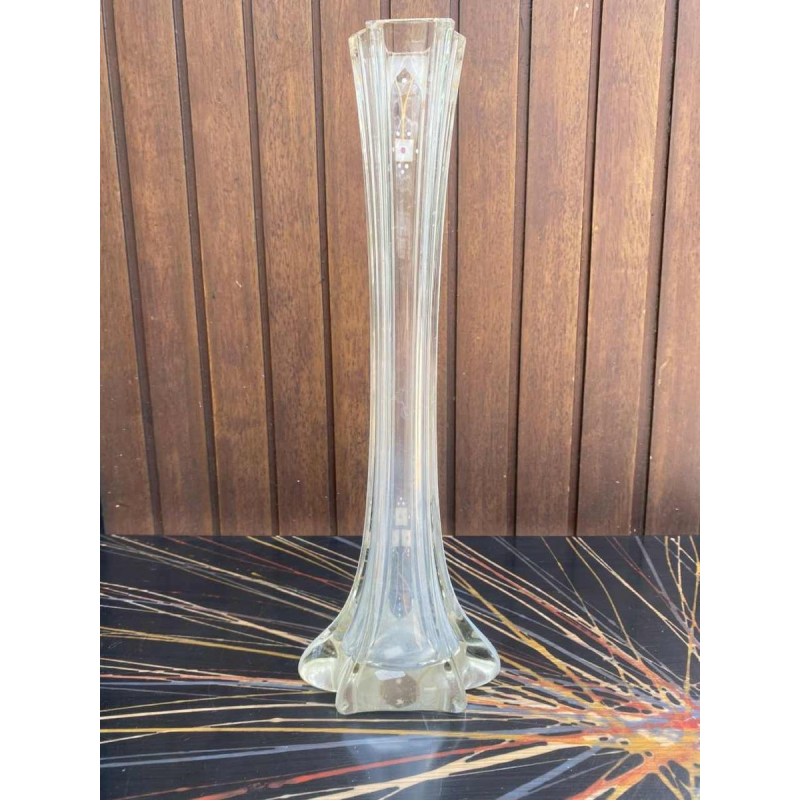 Art Deco glazen soliflore vaas met goud en koraal email decoratie, ca 1930