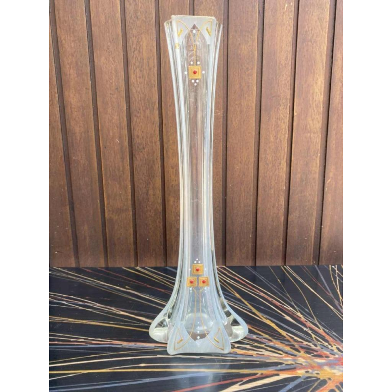 Vase soliflore Art Déco en verre émaillé or et corail, ca 1930