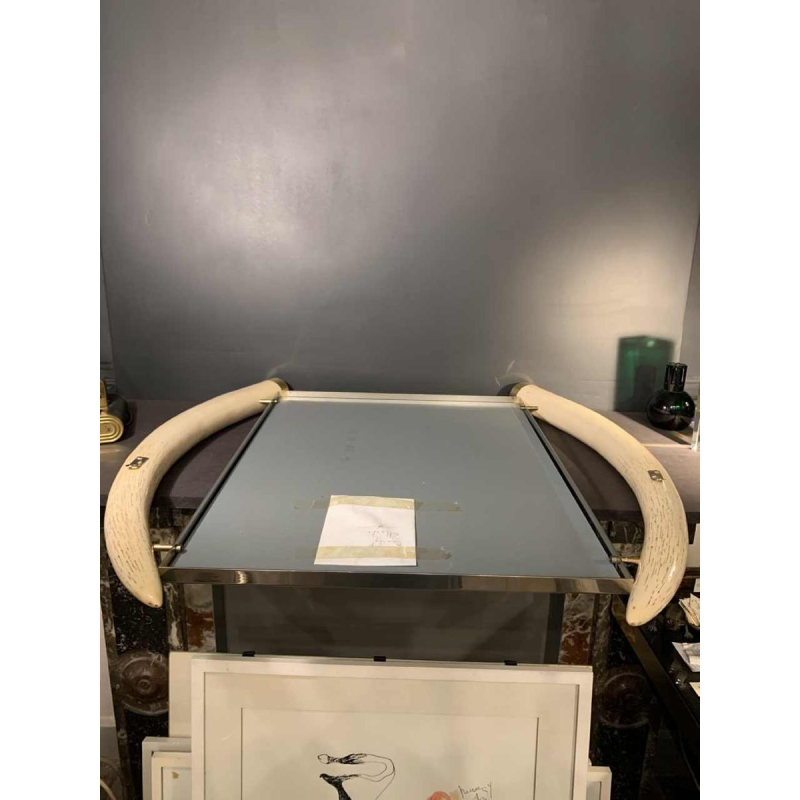 VALENTI & Co, Faux Ivory Elephant Tusk Mirror, Brass, Hollywood Regency, 1970s