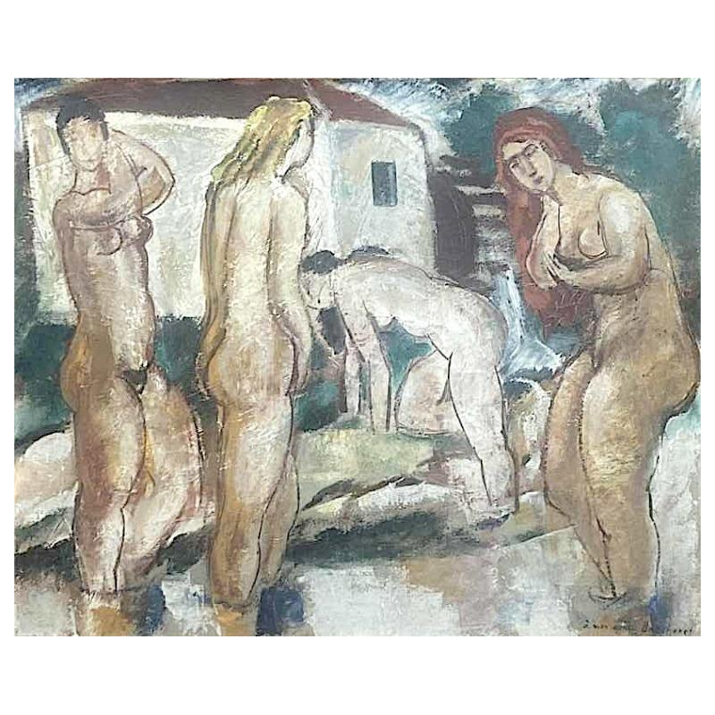 Maurice Georges Poncelet "femmes nues au moulin" peinture huile sur toile Art Déco