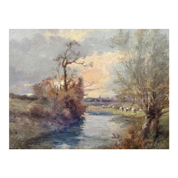 Joseph MANESSE “Landscape with herd by the river“ painting oil on pannel