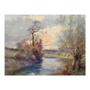 Joseph MANESSE “Landscape with herd by the river“ painting oil on pannel