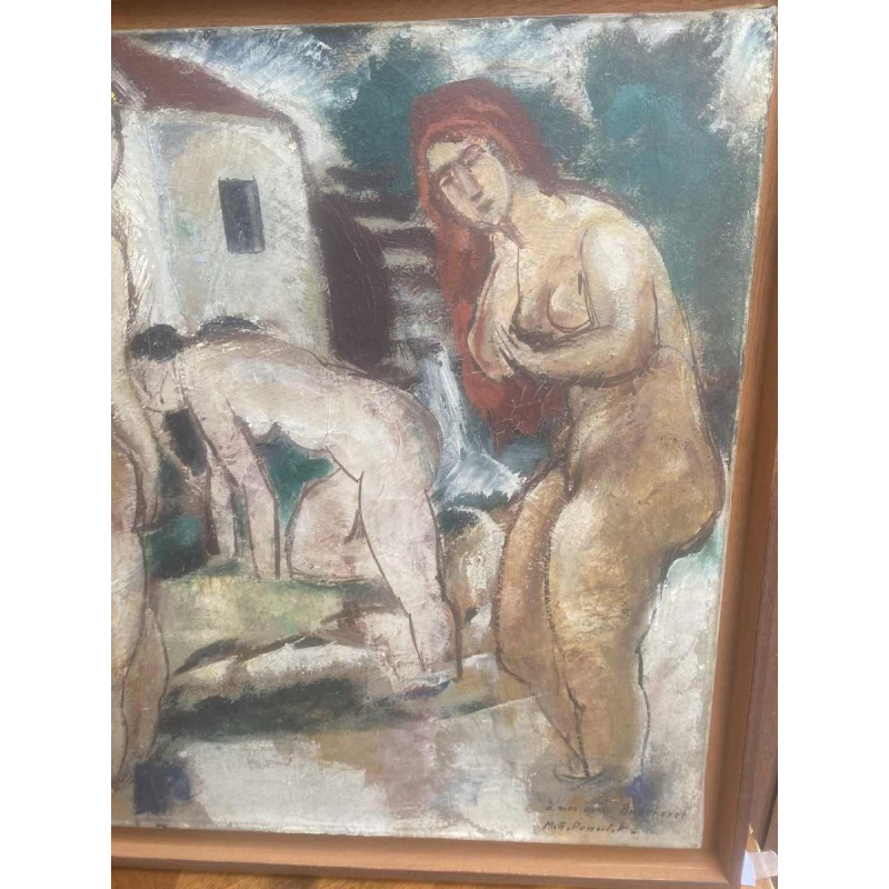 Maurice Georges Poncelet "femmes nues au moulin" peinture huile sur toile Art Déco