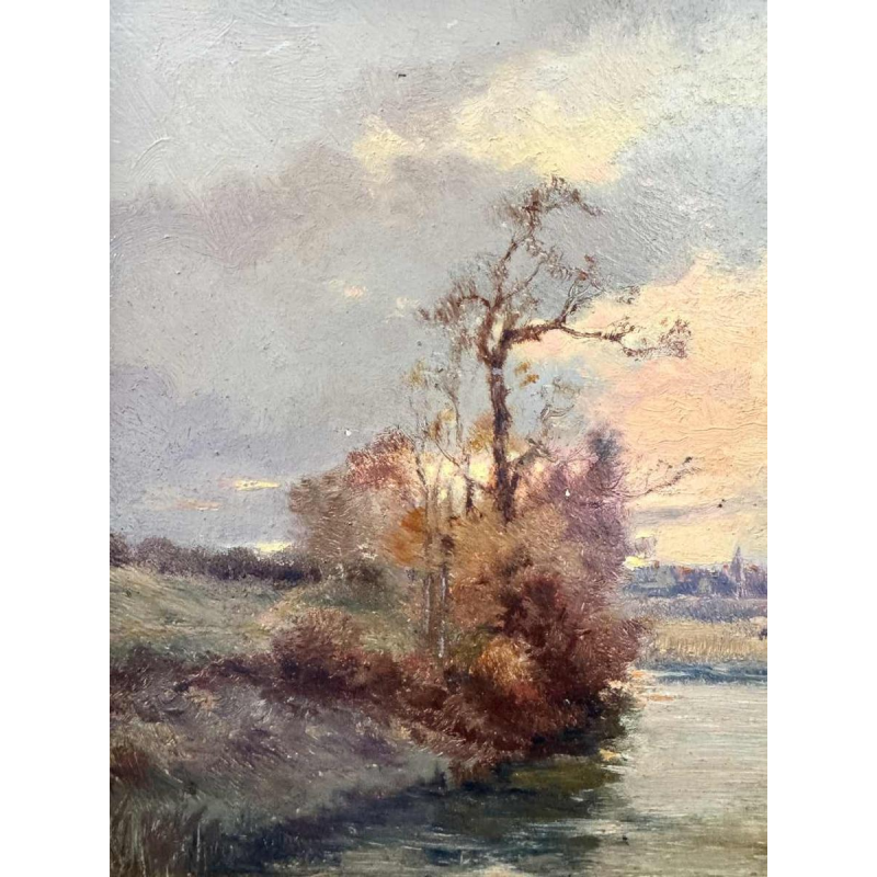 Joseph MANESSE « Paysage avec troupeau près de la rivière » huile sur panneau