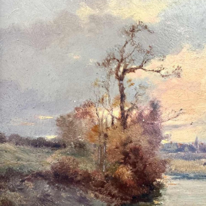 Joseph MANESSE “Landscape with herd by the river“ painting oil on pannel