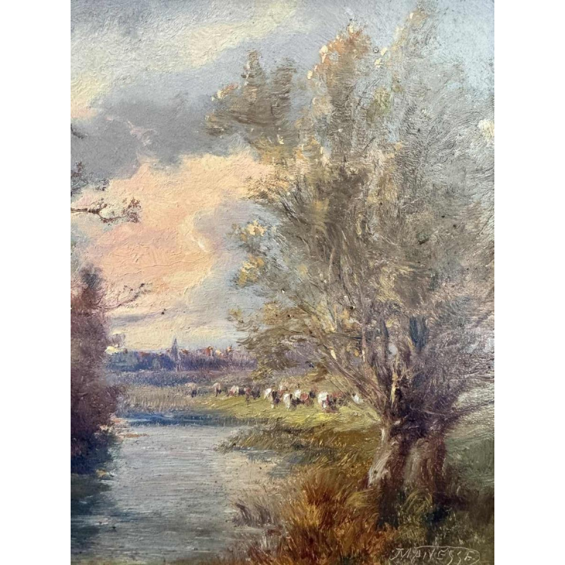 Joseph MANESSE “Landscape with herd by the river“ painting oil on pannel