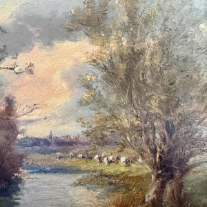 Joseph MANESSE “Landscape with herd by the river“ painting oil on pannel